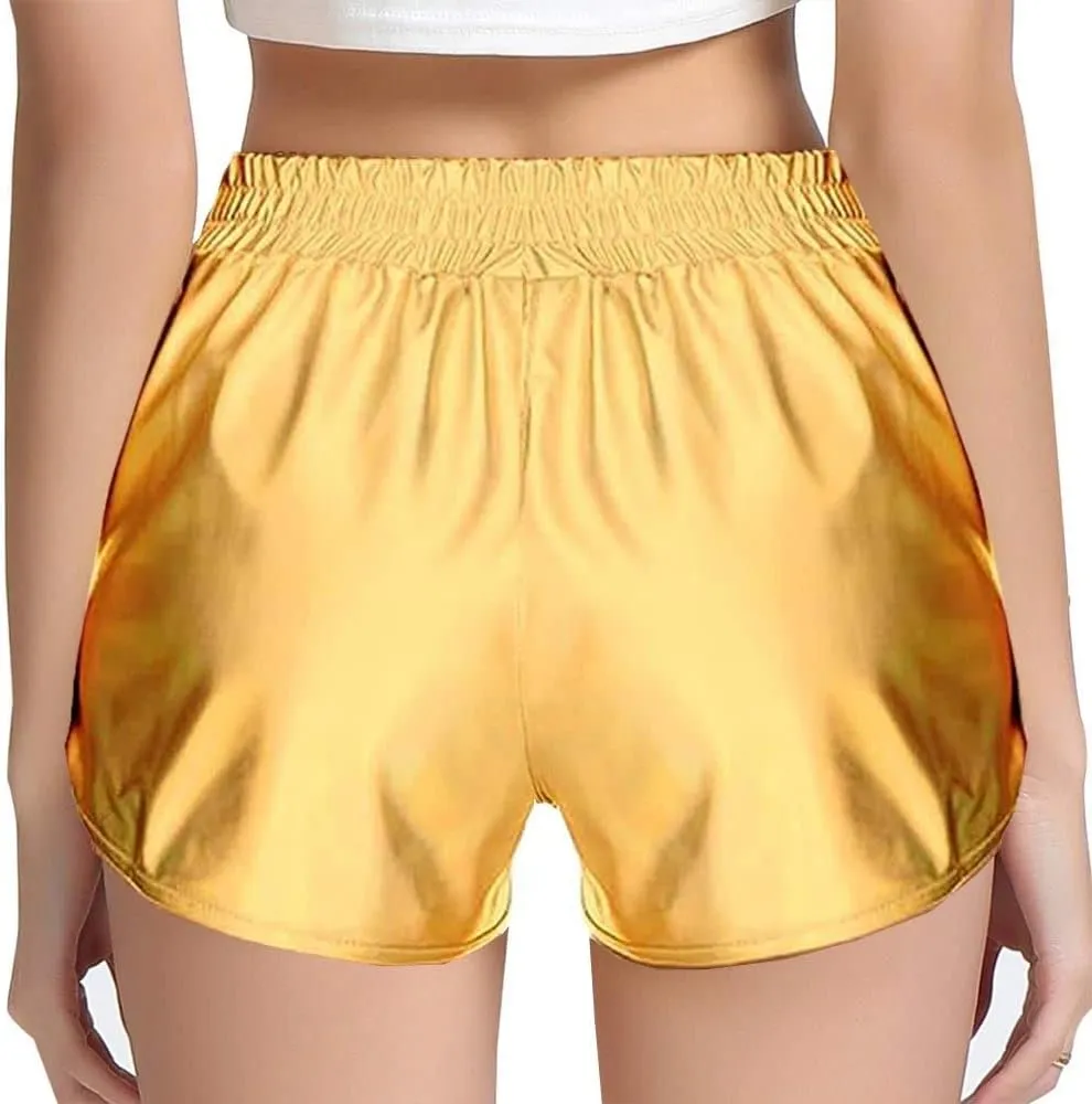 MAKARTHY Women's Metallic Shorts Elastic Waist Shiny Sparkly Rave Pants