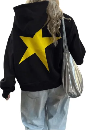 MakeMeChic Women's Star Print Oversized Hoodie Graphic Y2k Drop Shoulder Sweatshirt with Pockets Black Medium