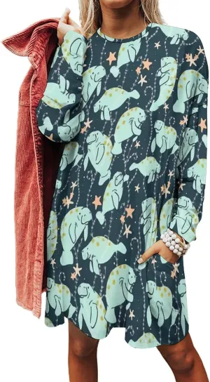Manatee Animals Round Neck Short Sleeve Dress Casual for Women Spring Summer Party Clothes