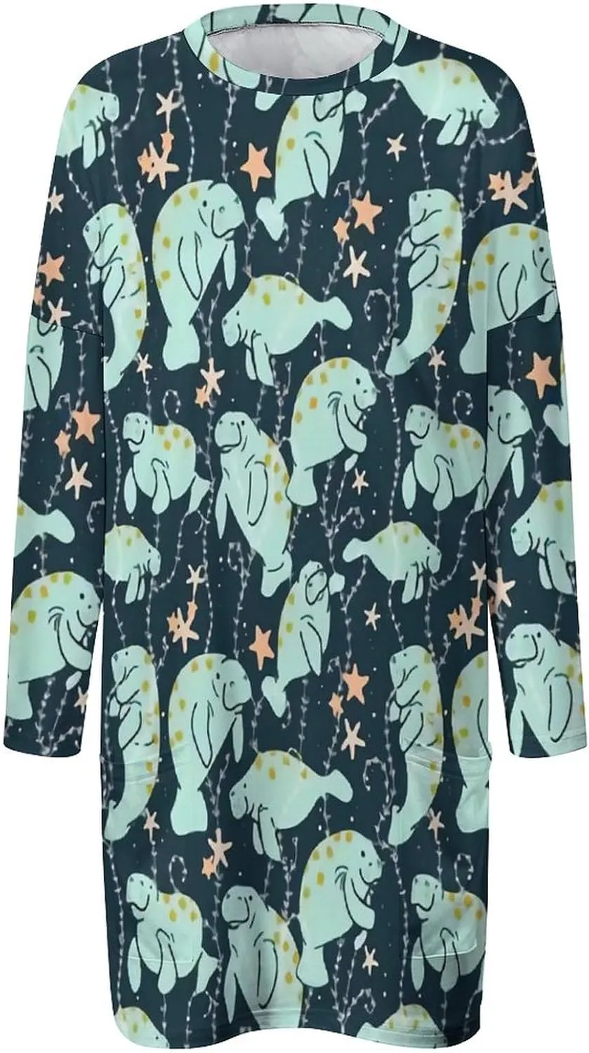 Manatee Animals Round Neck Short Sleeve Dress Casual for Women Spring Summer Party Clothes