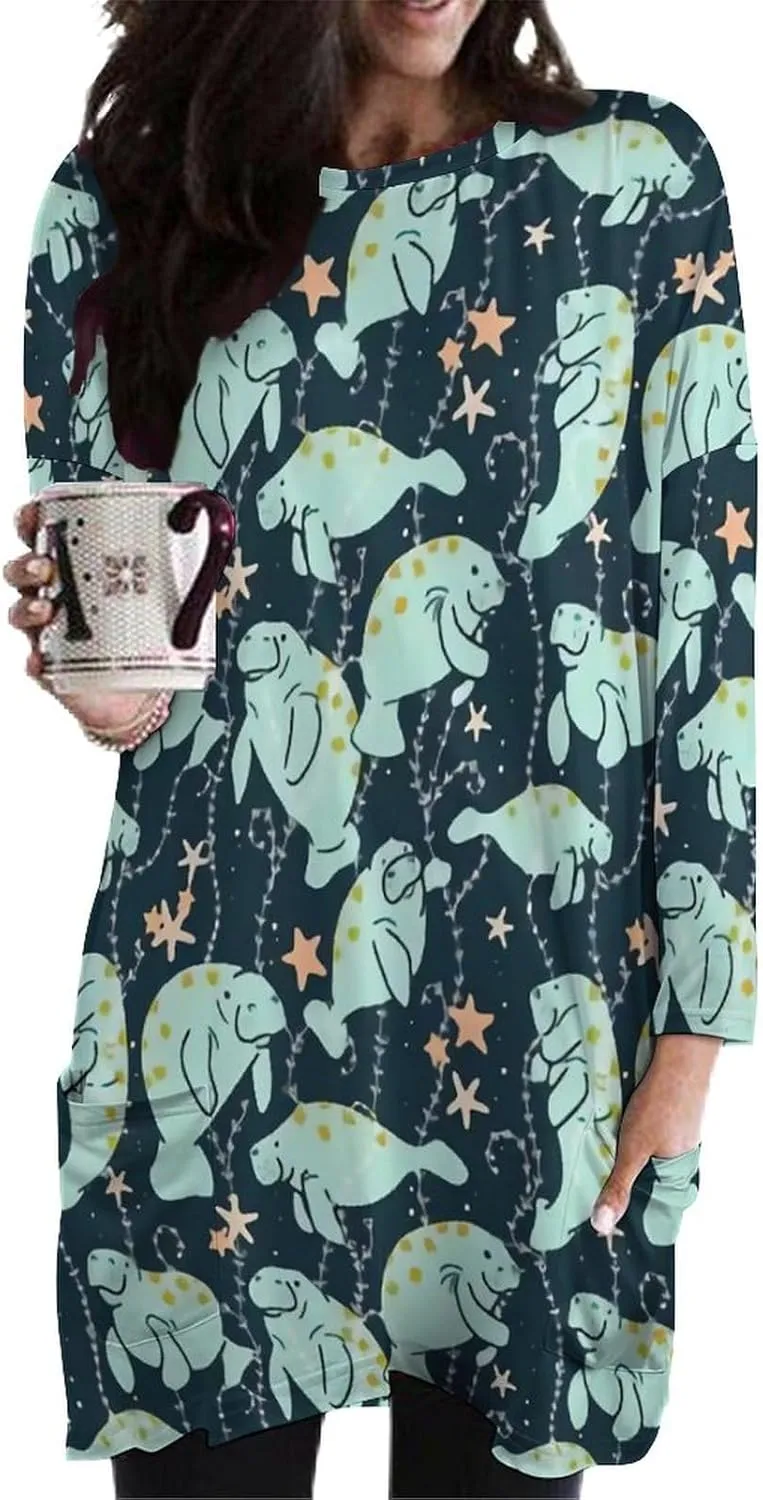 Manatee Animals Round Neck Short Sleeve Dress Casual for Women Spring Summer Party Clothes
