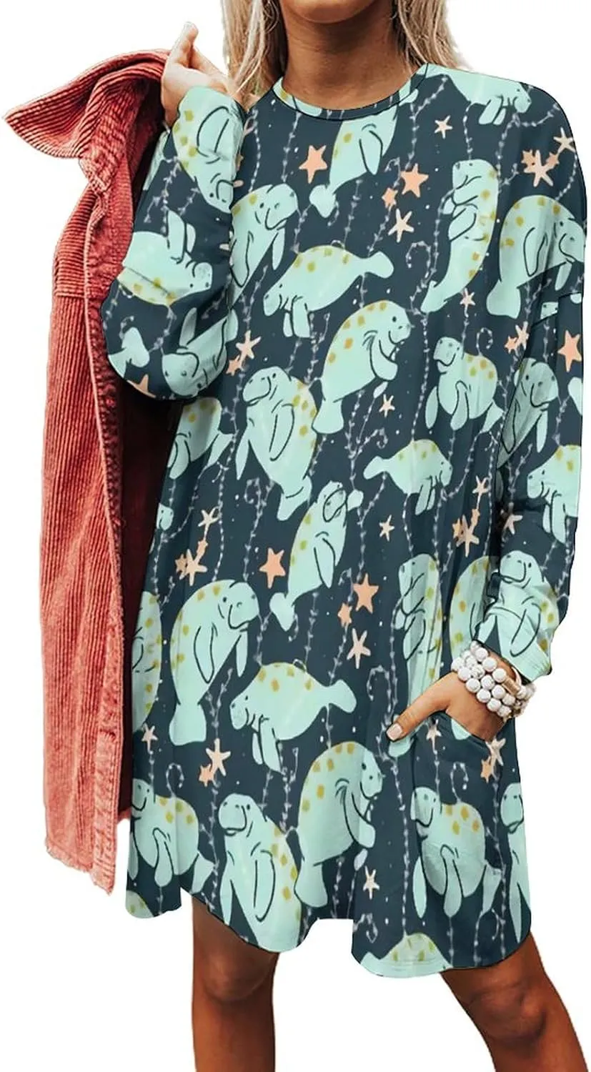 Manatee Animals Round Neck Short Sleeve Dress Casual for Women Spring Summer Party Clothes