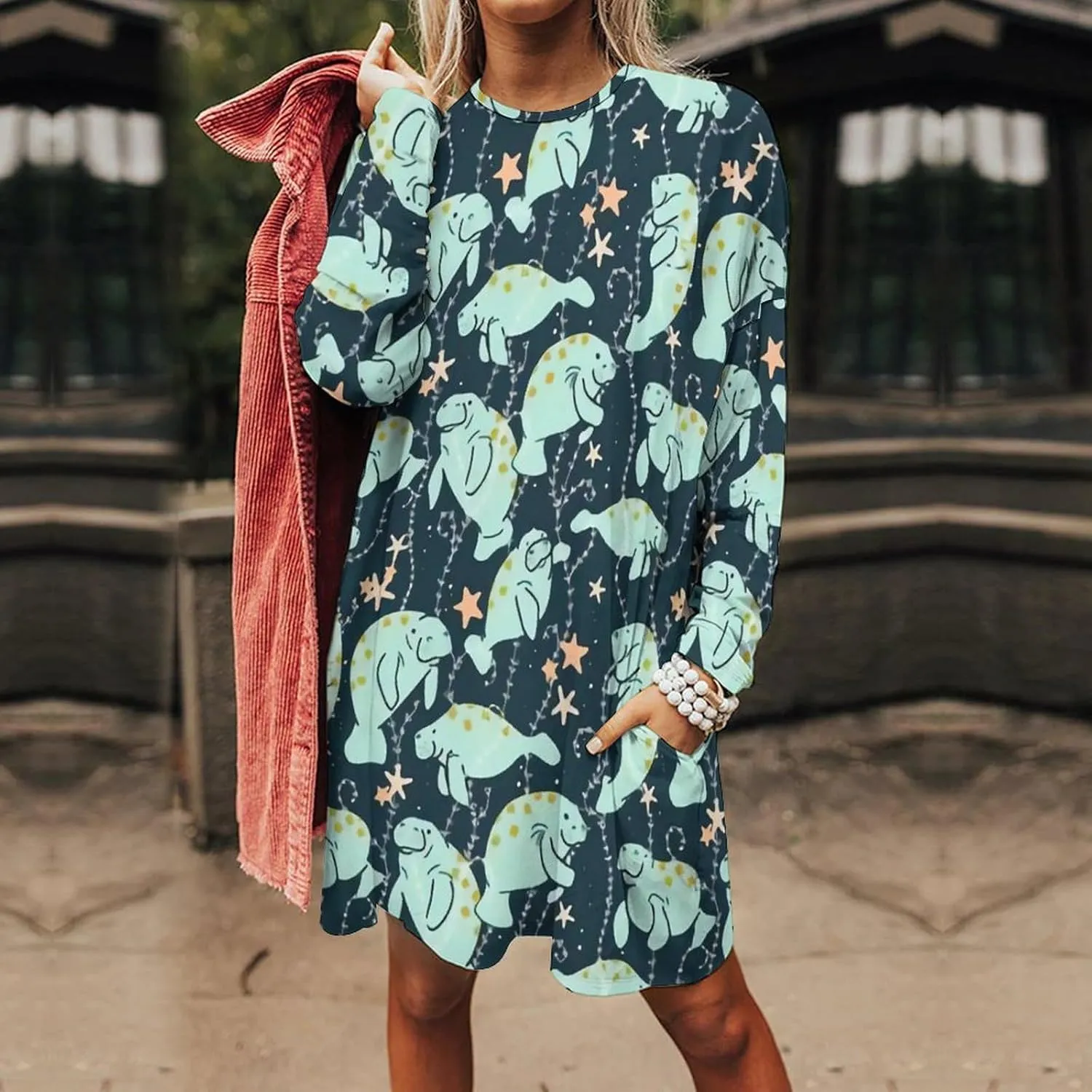 Manatee Animals Round Neck Short Sleeve Dress Casual for Women Spring Summer Party Clothes
