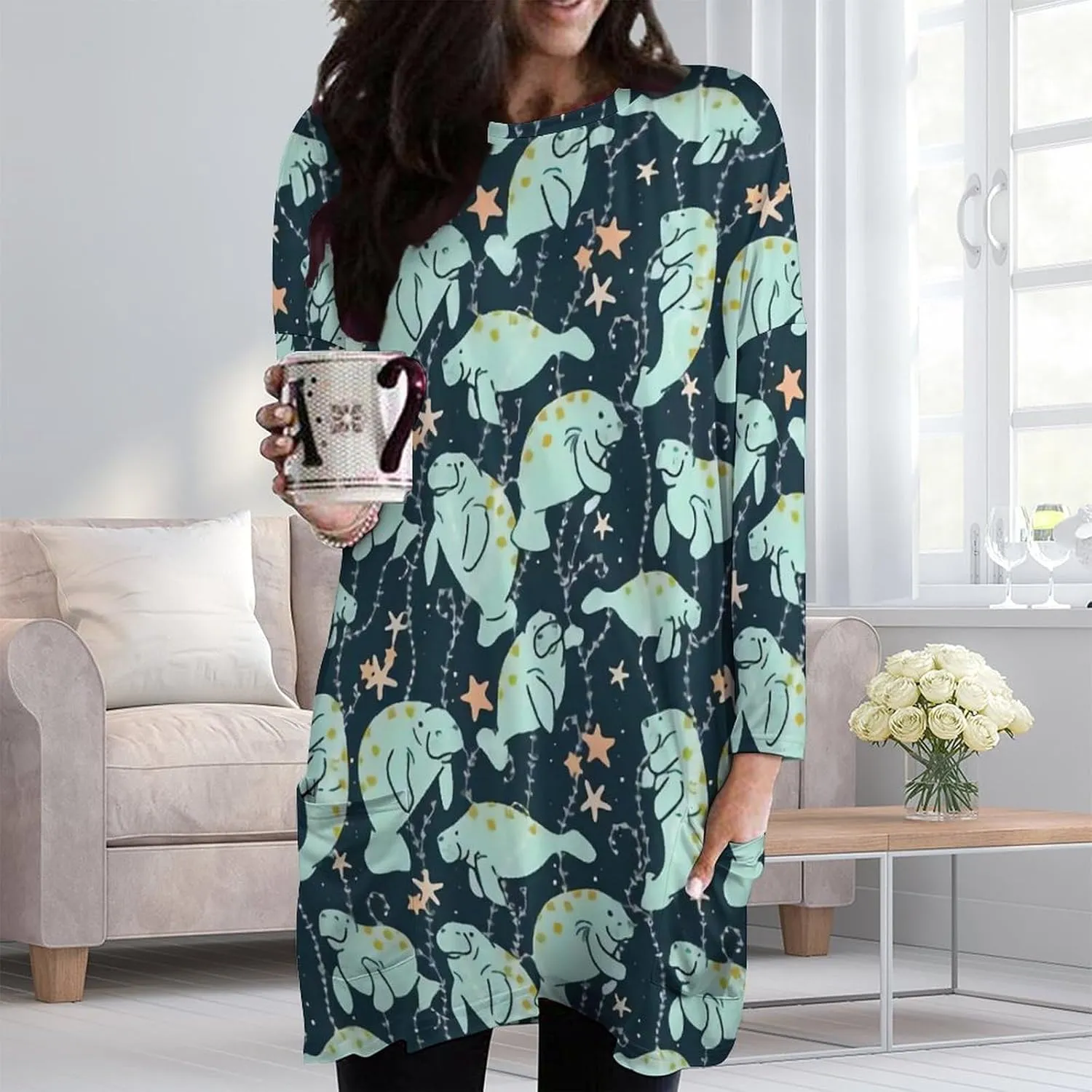 Manatee Animals Round Neck Short Sleeve Dress Casual for Women Spring Summer Party Clothes