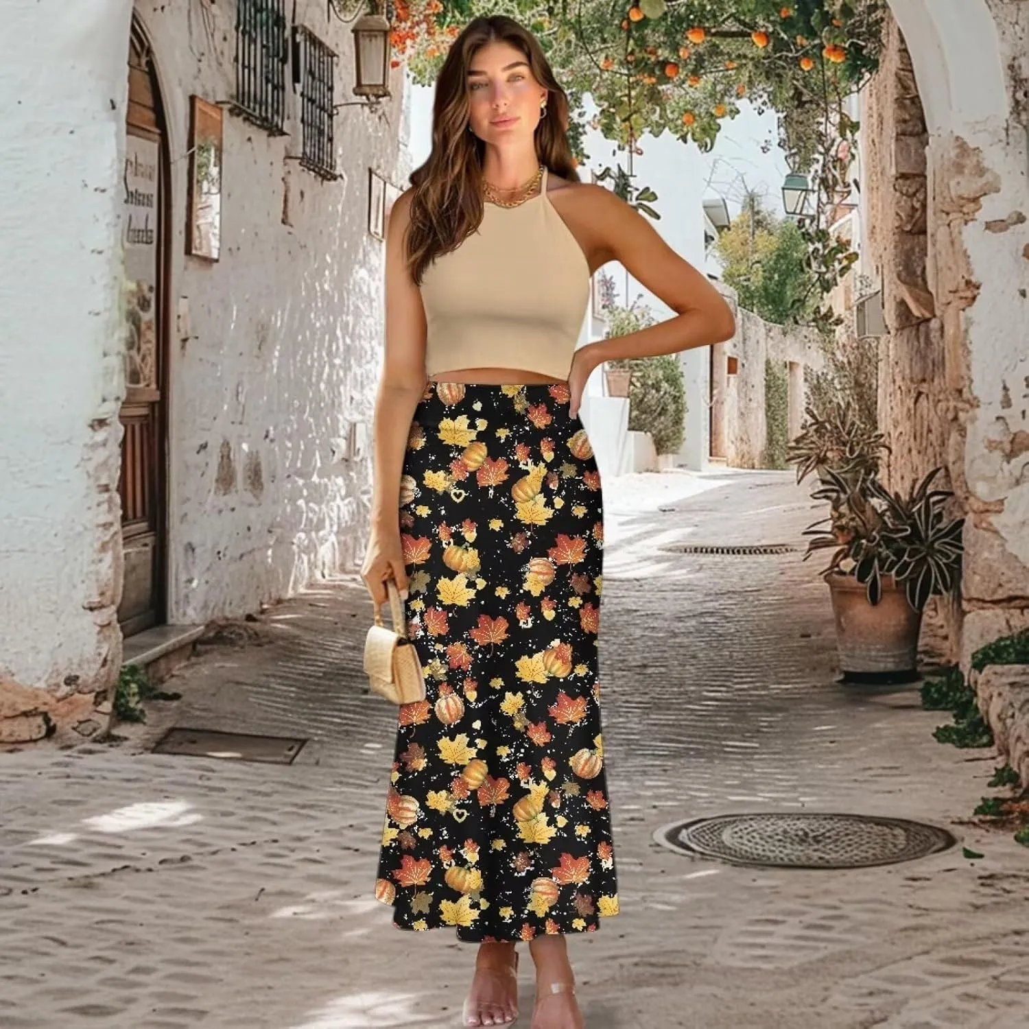 Maxi Skirts for Women Akle Length Skirt High Waist Casual Long Skirts with Zipper