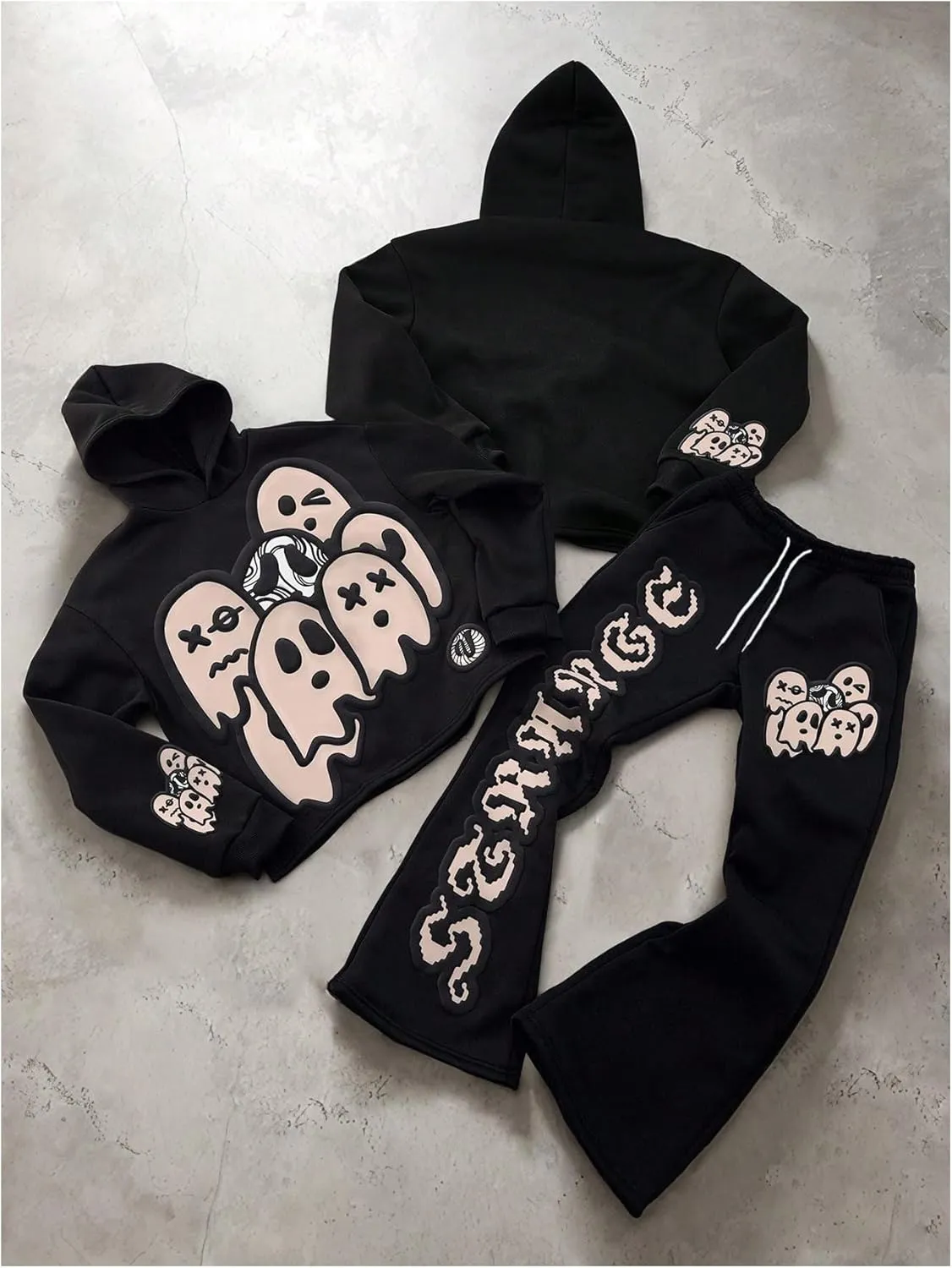 Men's 2 Piece Sweatsuit Long Sleeve Graphic Hoodies and Designer Stacked Sweatpants Jogging Suit