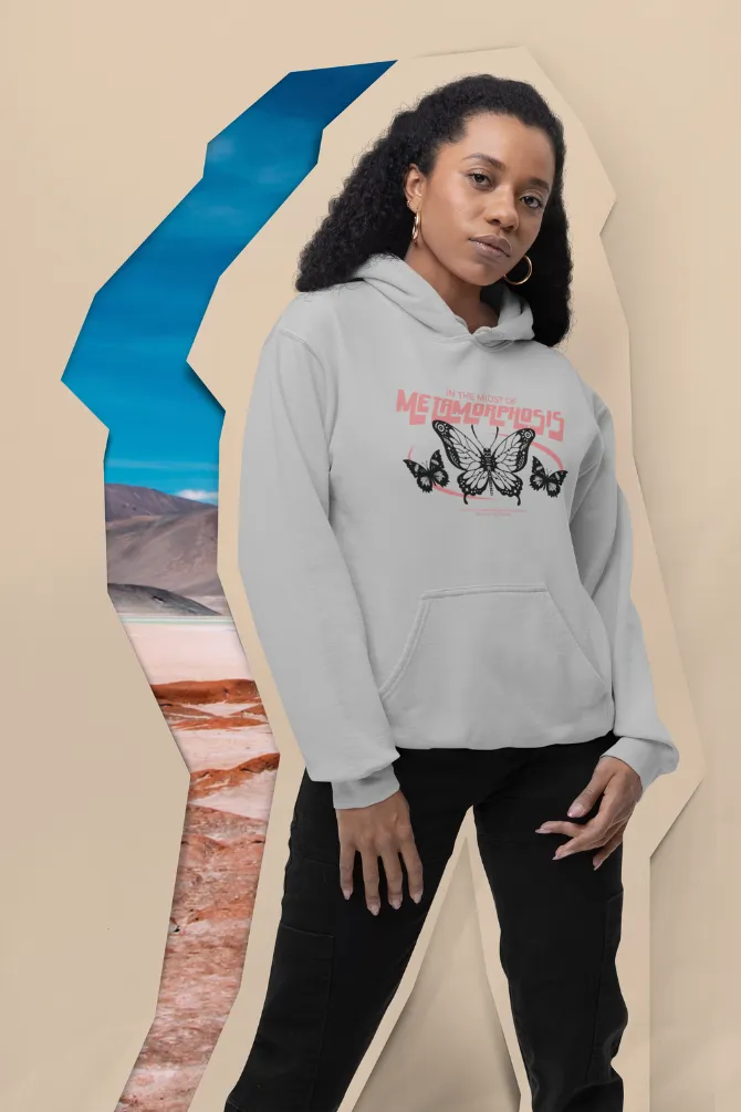 Metamorphosis Butterfly Grey Melange Printed Hoodie for Women