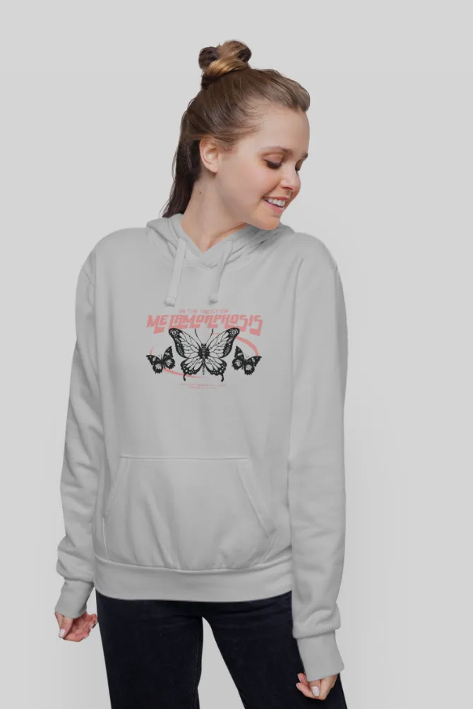 Metamorphosis Butterfly Grey Melange Printed Hoodie for Women