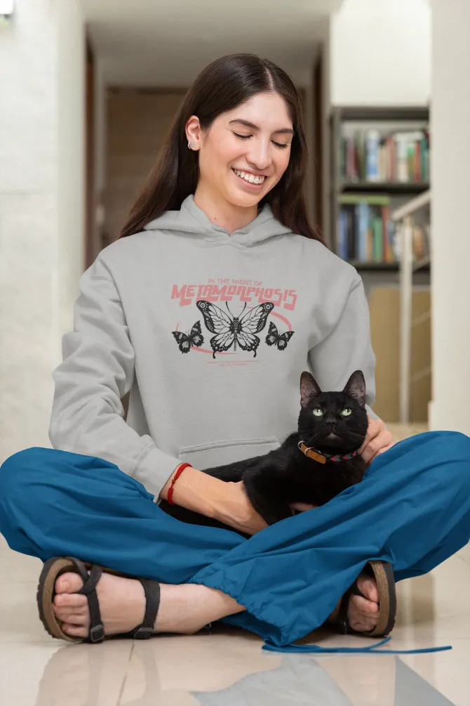 Metamorphosis Butterfly Grey Melange Printed Hoodie for Women