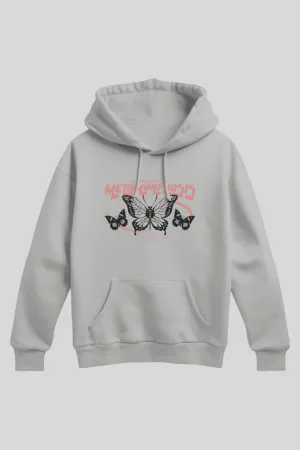 Metamorphosis Butterfly Grey Melange Printed Hoodie for Women