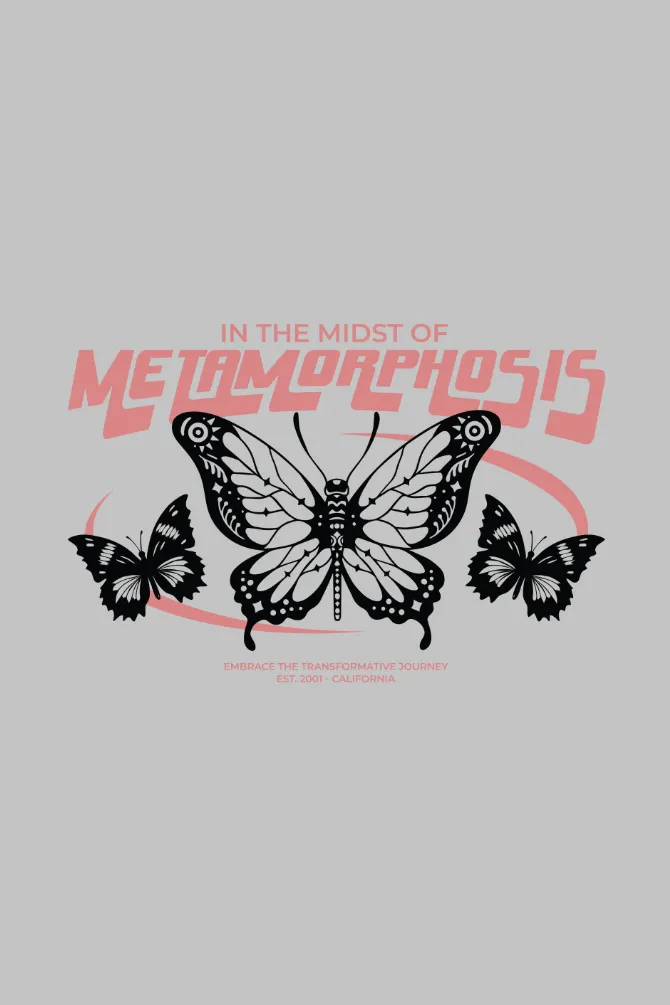 Metamorphosis Butterfly Grey Melange Printed Hoodie for Women