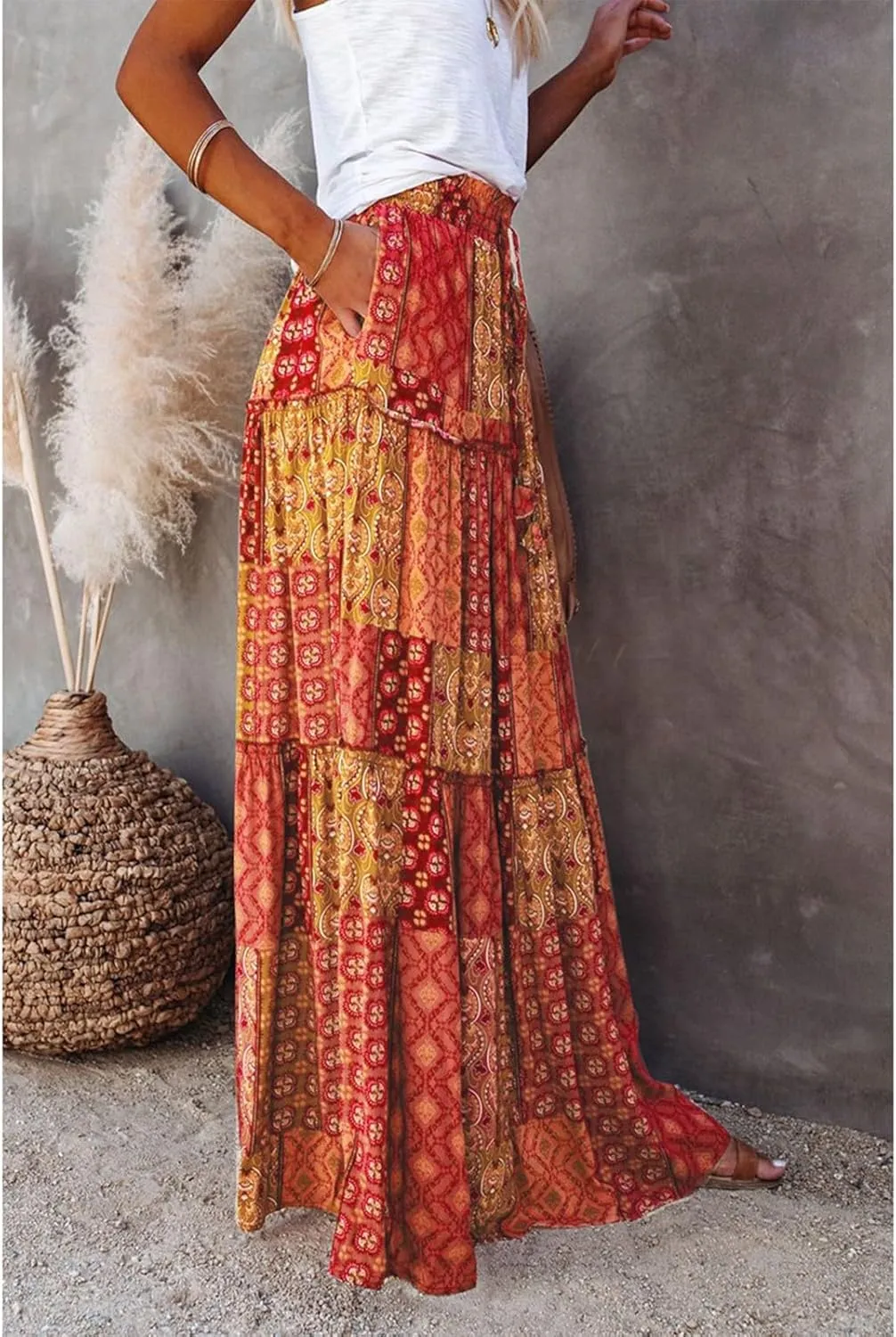 midelxp Boho Long Skirts for Women Summer High Waisted Western Skirt with Pockets Vacation Beach A-Line Flowy Maxi Skirts