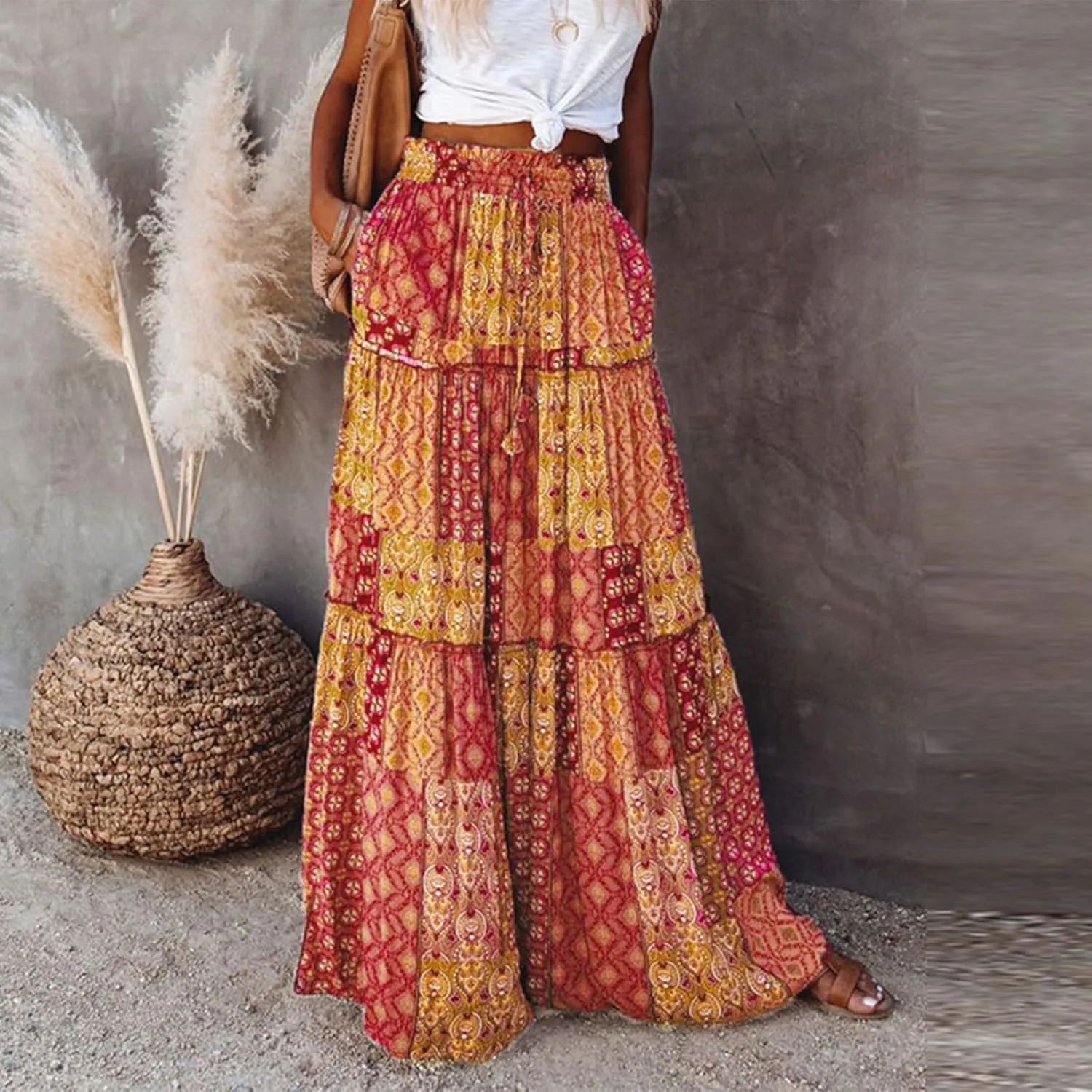 midelxp Boho Long Skirts for Women Summer High Waisted Western Skirt with Pockets Vacation Beach A-Line Flowy Maxi Skirts