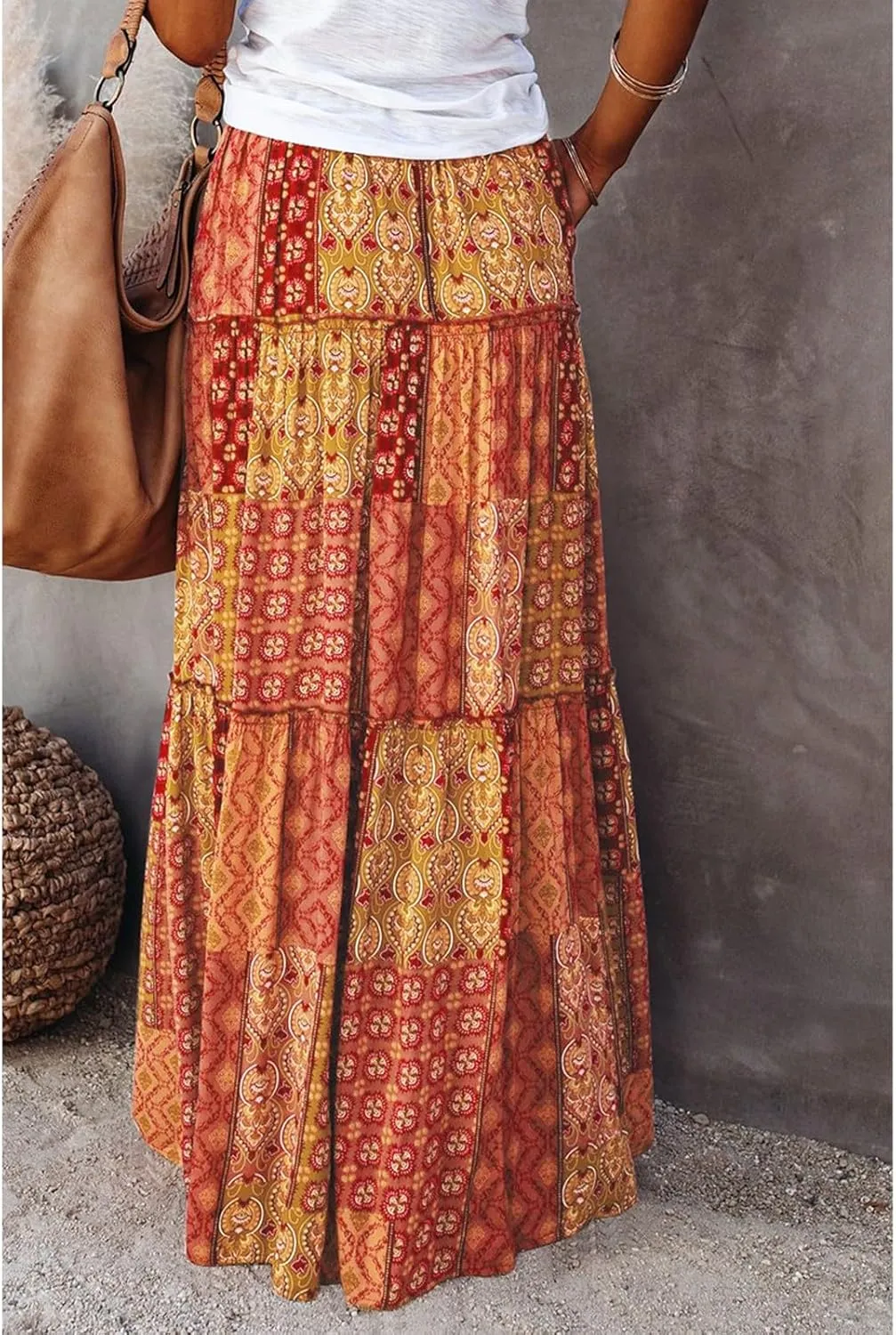 midelxp Boho Long Skirts for Women Summer High Waisted Western Skirt with Pockets Vacation Beach A-Line Flowy Maxi Skirts