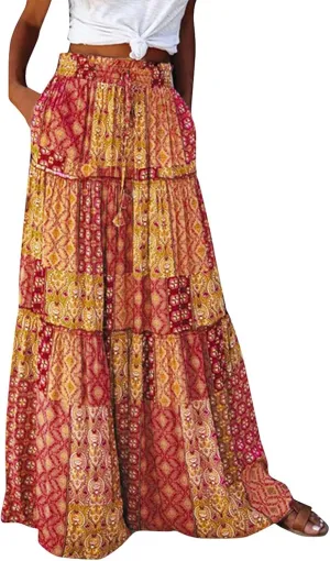 midelxp Boho Long Skirts for Women Summer High Waisted Western Skirt with Pockets Vacation Beach A-Line Flowy Maxi Skirts