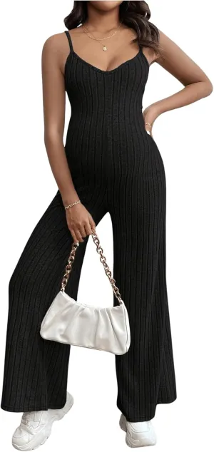 OYOANGLE Women's Maternity V Neck Spaghetti Strap Ribbed Knit Long Pants Jumpsuits