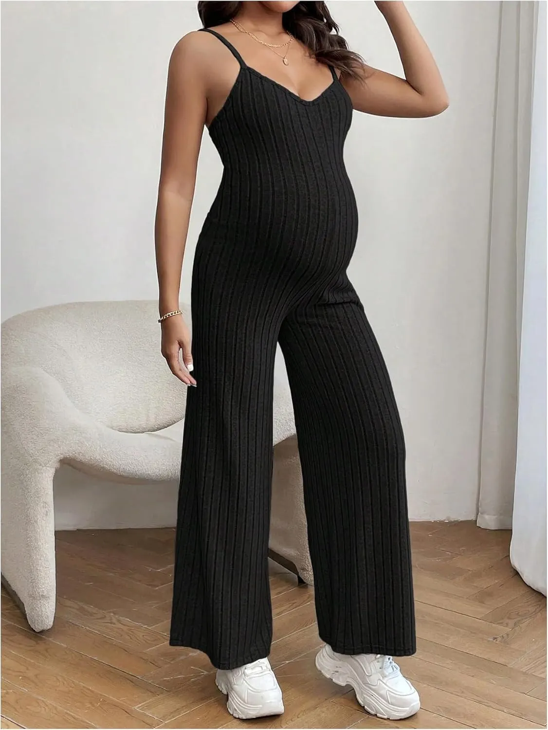 OYOANGLE Women's Maternity V Neck Spaghetti Strap Ribbed Knit Long Pants Jumpsuits
