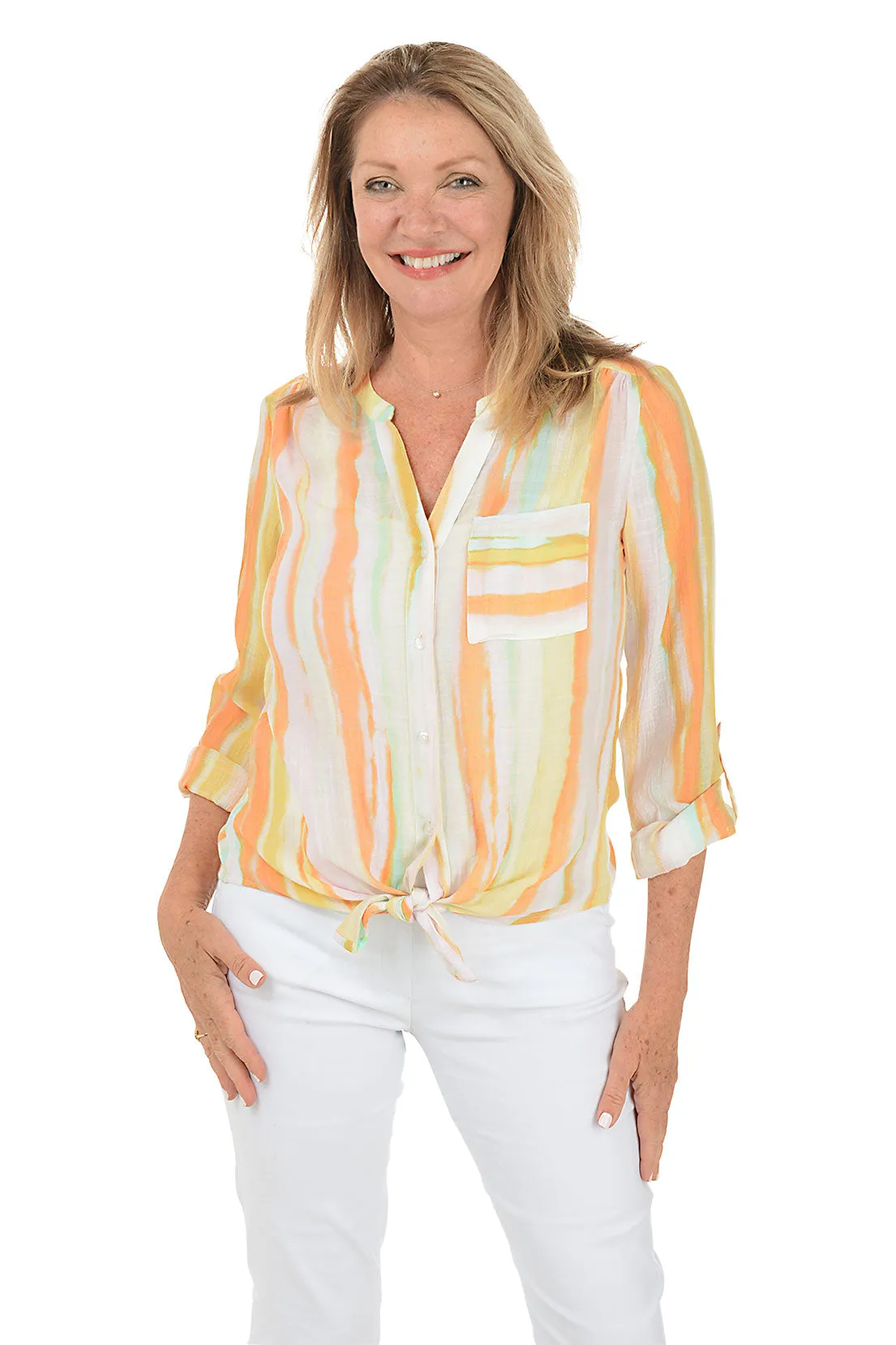 Petite Habanero Stripe Button-Front Blouse
