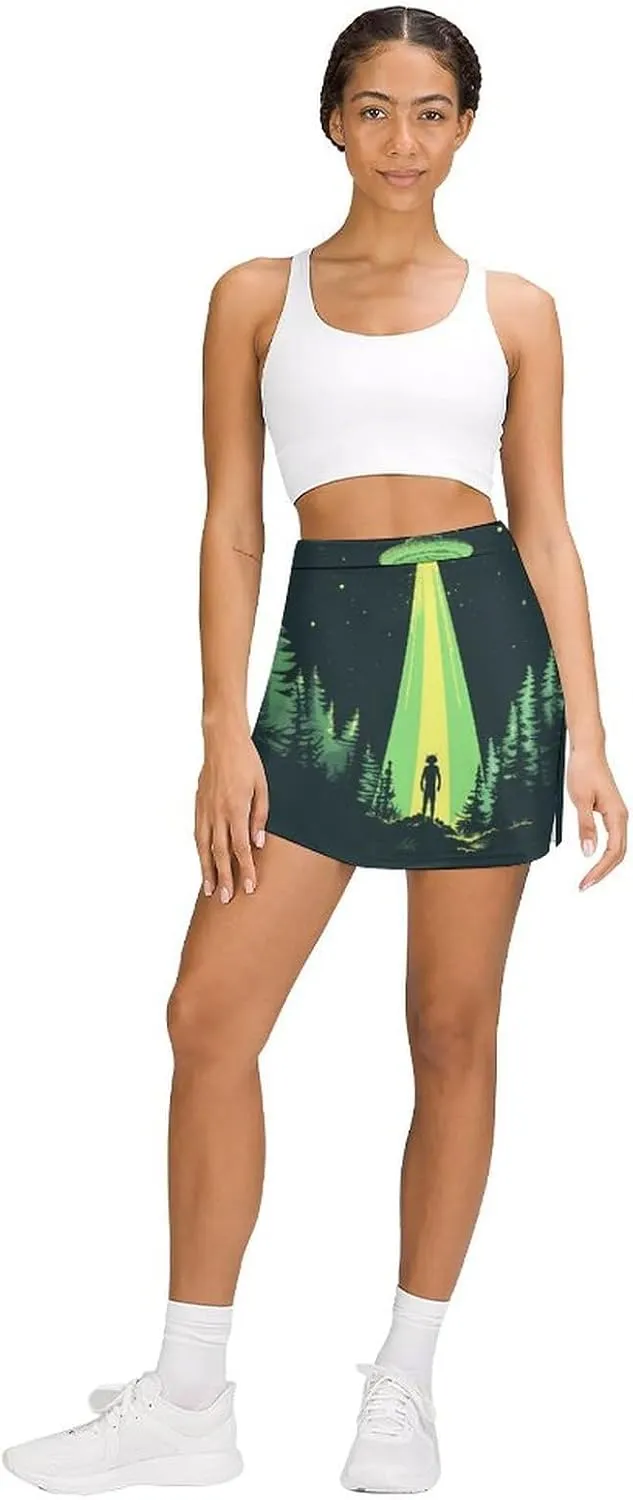 Printed Spaceship at Night Women's Skort Athletic Skirt Golf Skorts A-line Skirts with Built-in Shorts Pockets