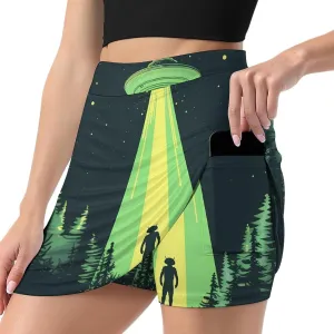 Printed Spaceship at Night Women's Skort Athletic Skirt Golf Skorts A-line Skirts with Built-in Shorts Pockets