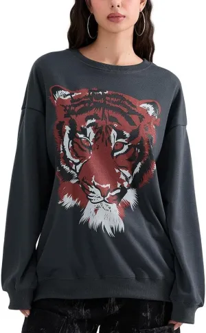Sastianaen Women Y2k Oversized Graphic Sweatshirt Tiger Print Loose Fit Crew Neck Pullover Top 2024 Vintage Fall Shirt