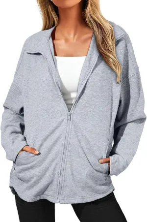 SHEWIN Womens Zip Up Sweatshirt Long Sleeve Oversized Sweatshirts With Pockets Fall Outfit Clothes 2024