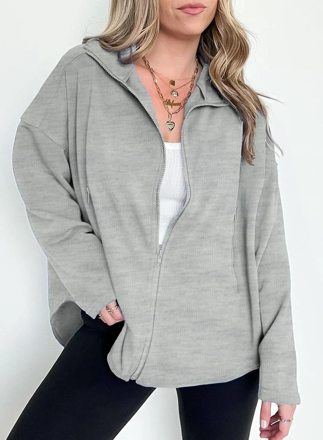 SHEWIN Womens Zip Up Sweatshirt Long Sleeve Oversized Sweatshirts With Pockets Fall Outfit Clothes 2024
