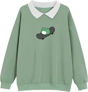 Skateboarding Frog Oversized Sweatshirt for Women Kawaii Hoodies Aesthetic Fleece Collared Neck Pullover Teen Girls