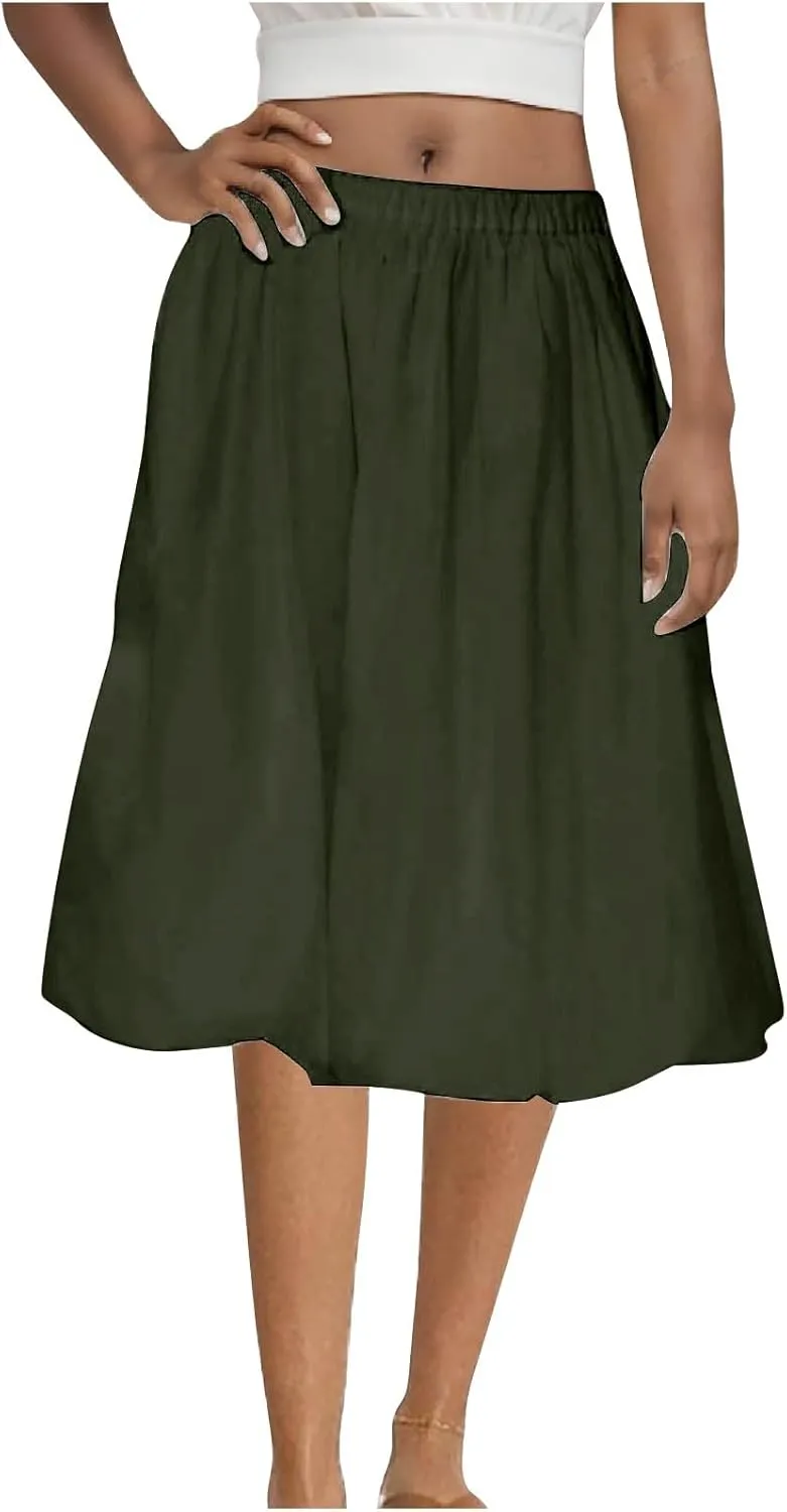 Skirt Women Elastic Waist Pure Casual Skirts Summer Trending Boho Vacation Skirts Puffy Baggy Ruched Skirt
