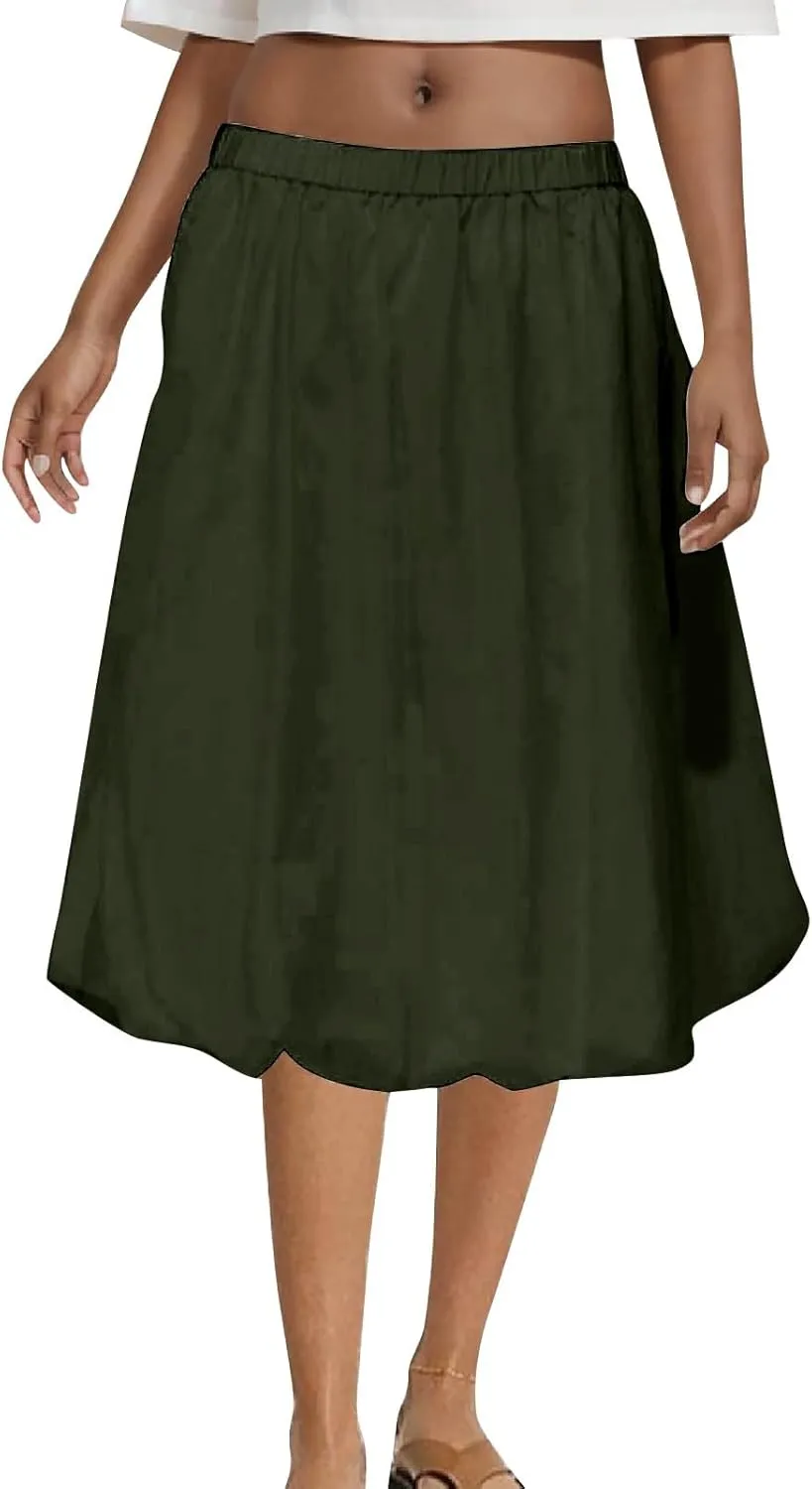 Skirt Women Elastic Waist Pure Casual Skirts Summer Trending Boho Vacation Skirts Puffy Baggy Ruched Skirt