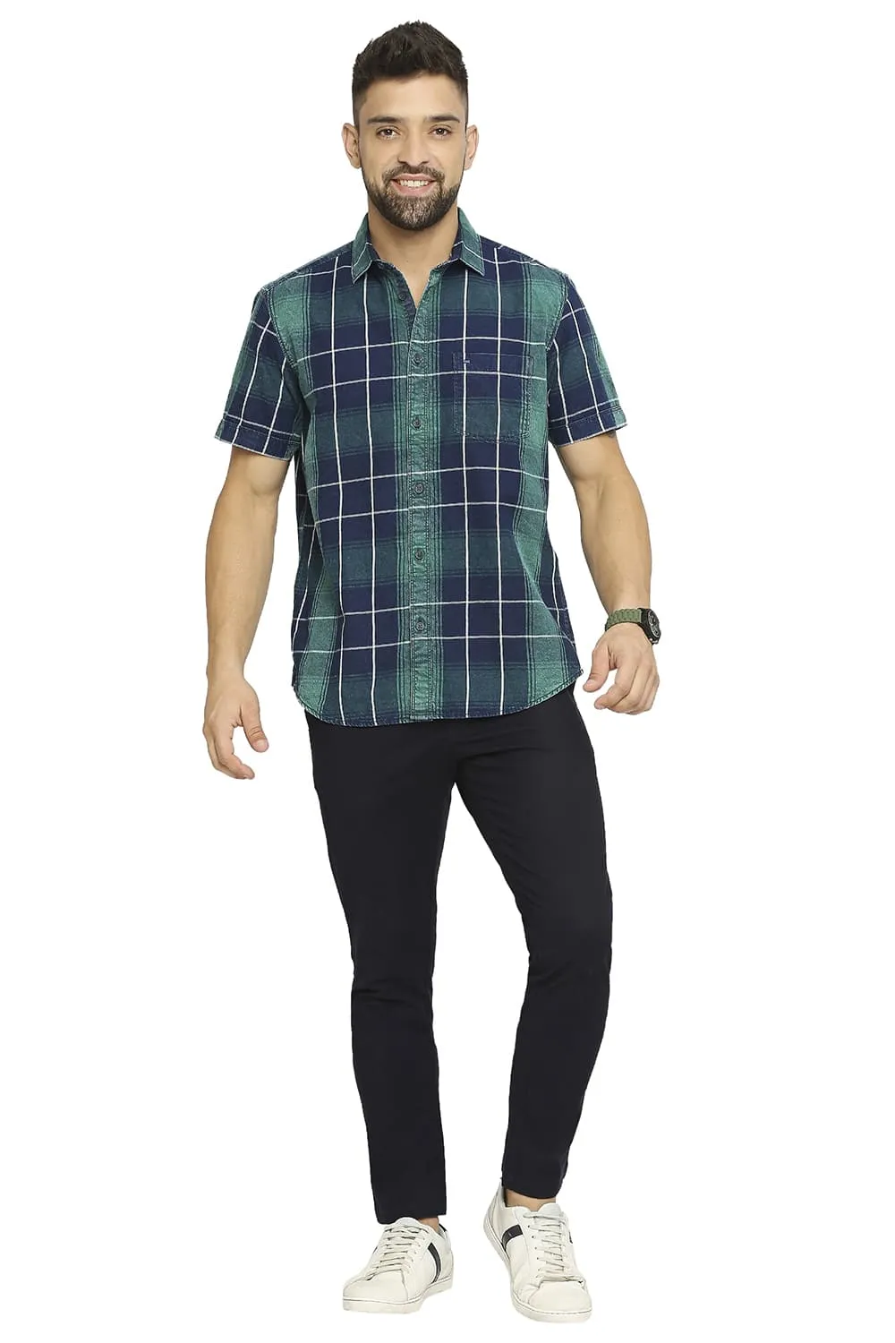 Slim Fit Cotton Indigo Twill Checks Halfsleeves Shirt