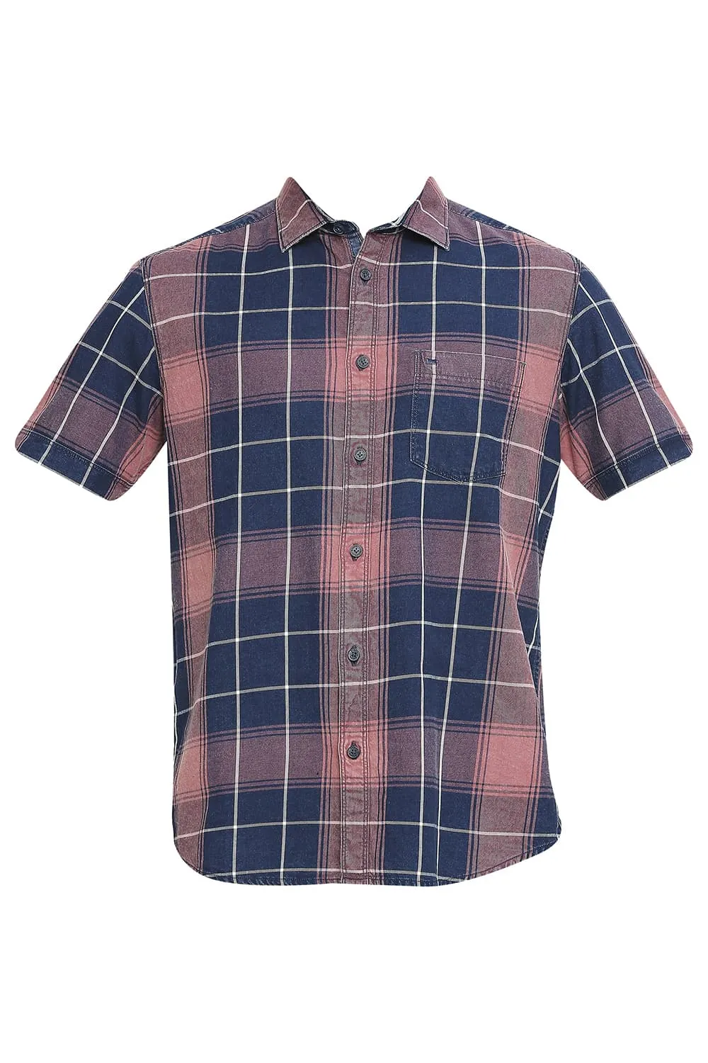 Slim Fit Cotton Indigo Twill Checks Halfsleeves Shirt