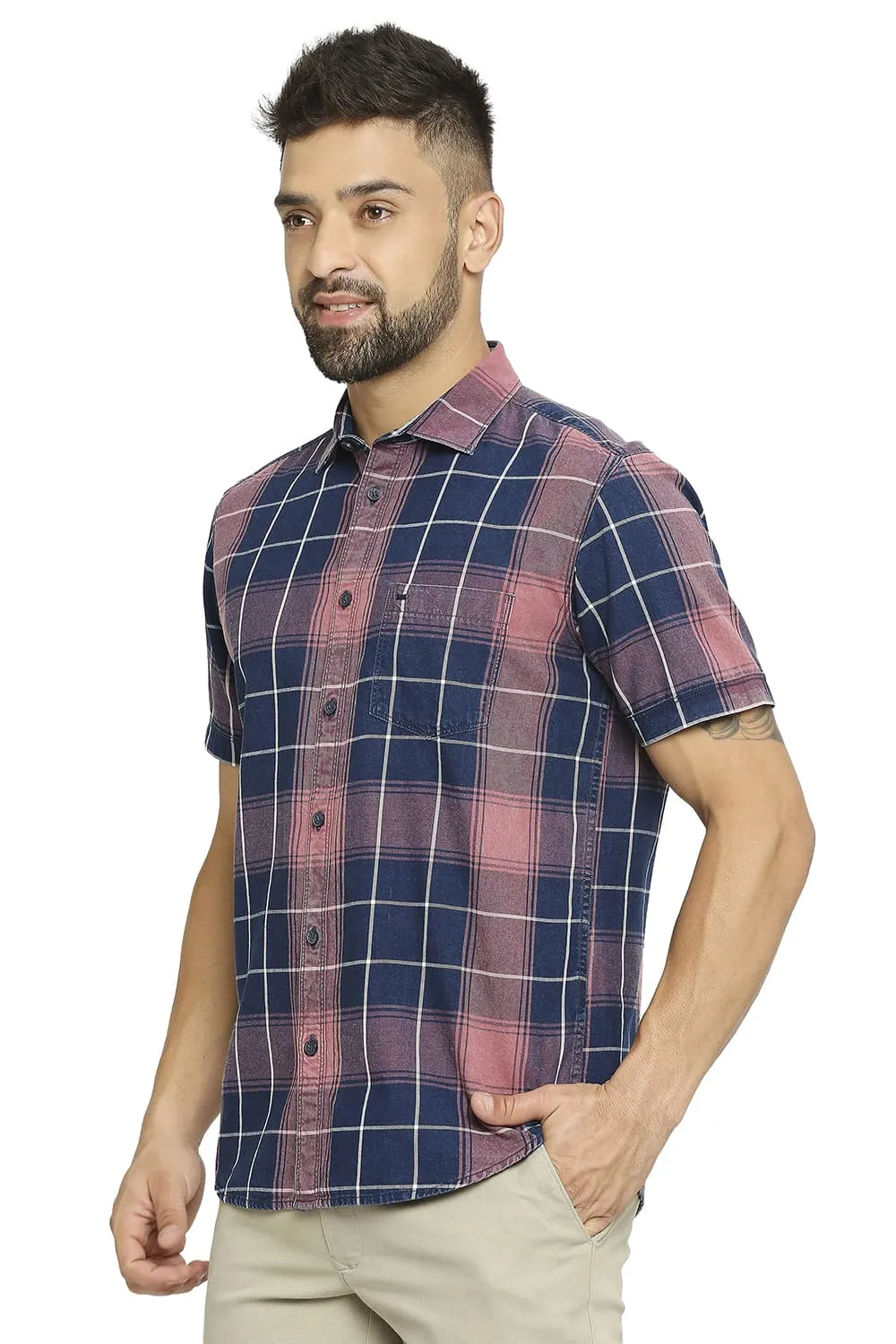 Slim Fit Cotton Indigo Twill Checks Halfsleeves Shirt
