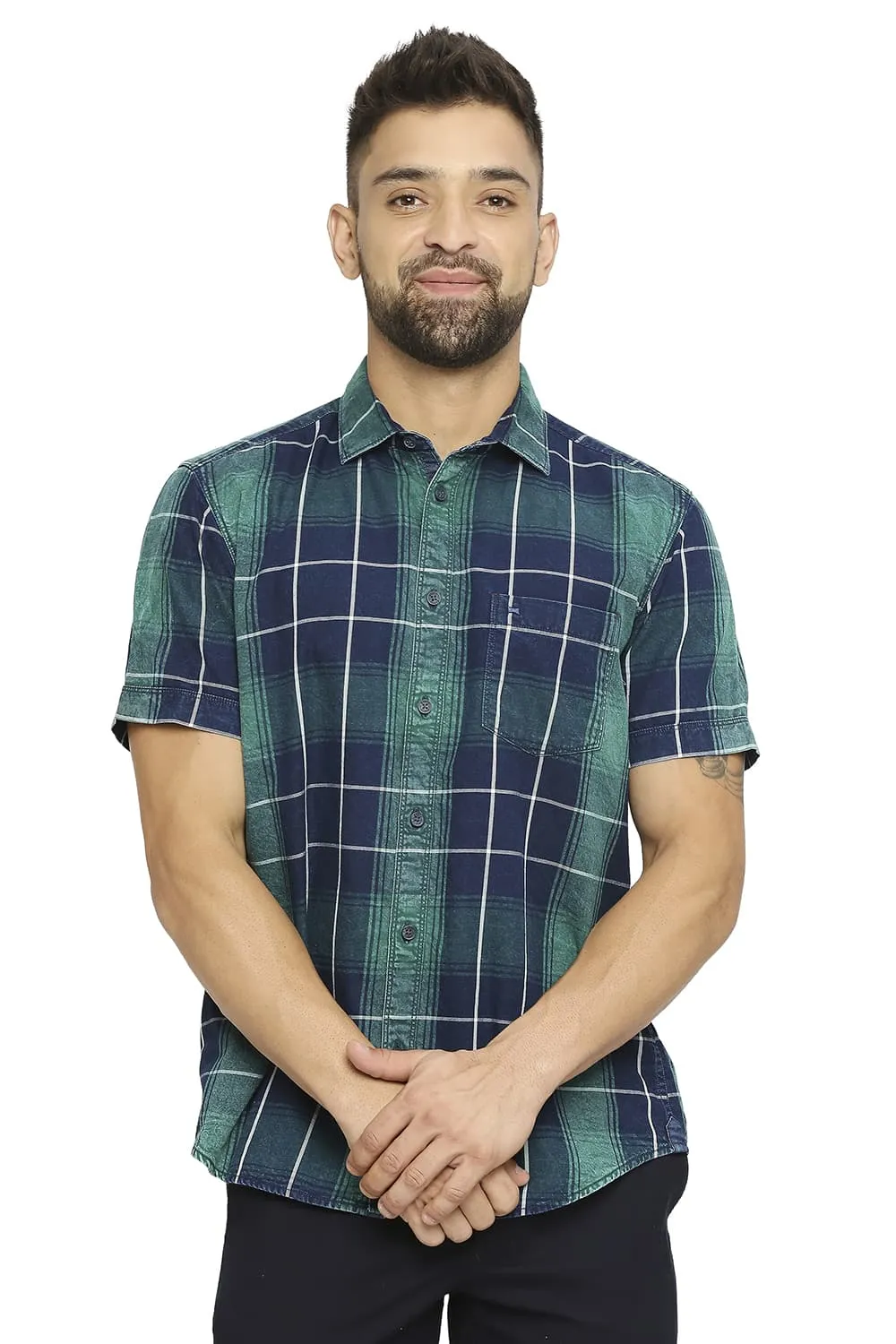 Slim Fit Cotton Indigo Twill Checks Halfsleeves Shirt