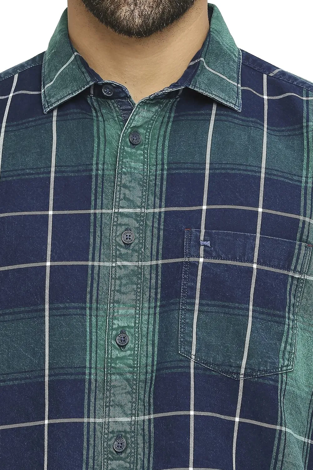 Slim Fit Cotton Indigo Twill Checks Halfsleeves Shirt