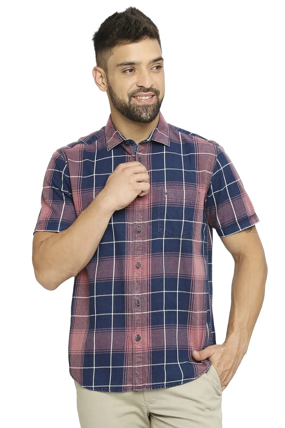 Slim Fit Cotton Indigo Twill Checks Halfsleeves Shirt
