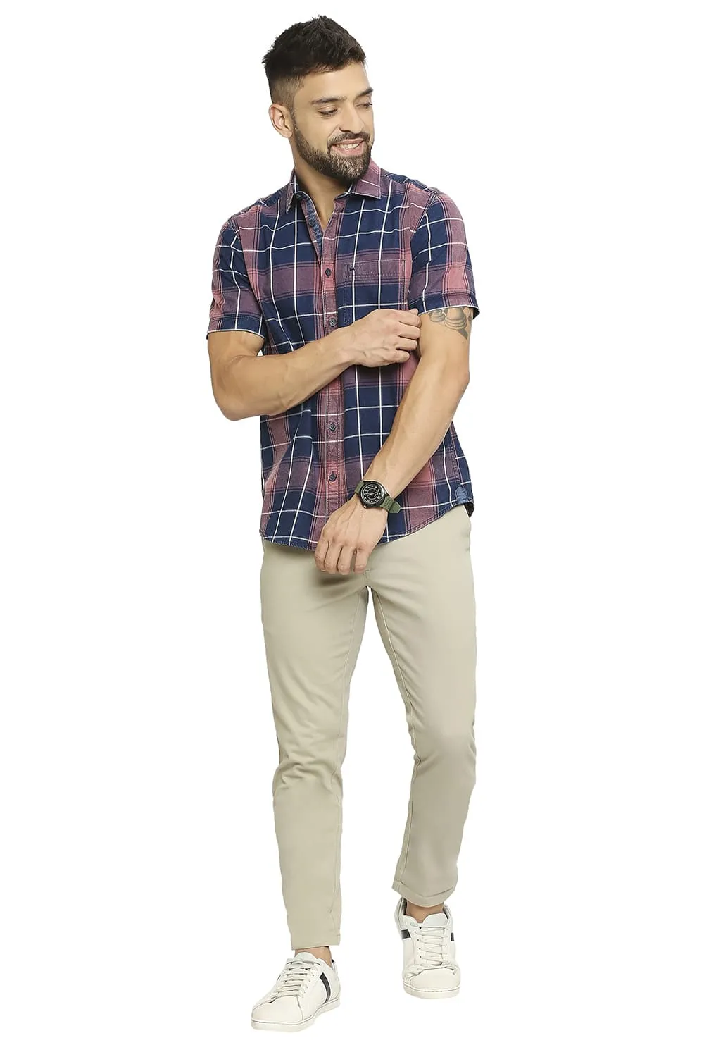 Slim Fit Cotton Indigo Twill Checks Halfsleeves Shirt