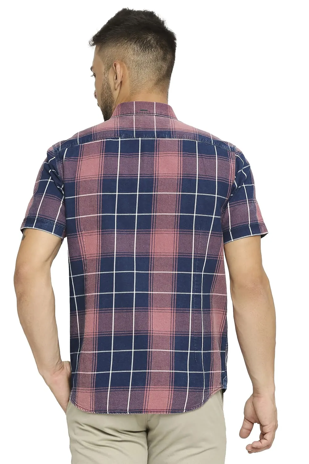 Slim Fit Cotton Indigo Twill Checks Halfsleeves Shirt