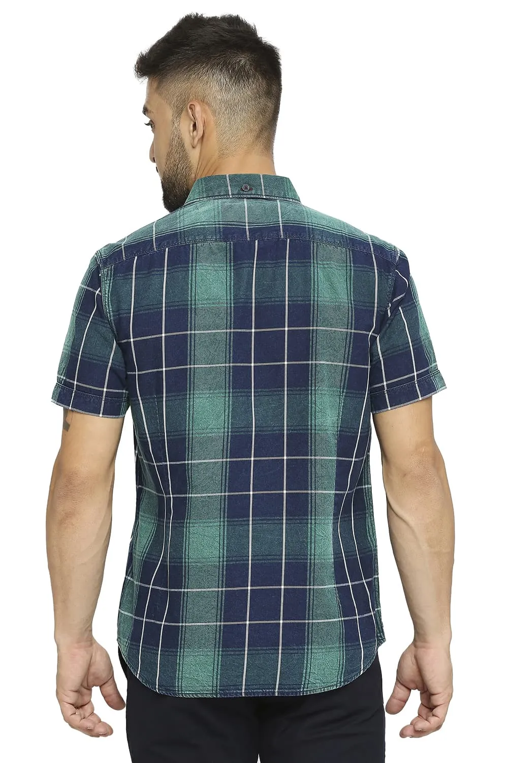 Slim Fit Cotton Indigo Twill Checks Halfsleeves Shirt