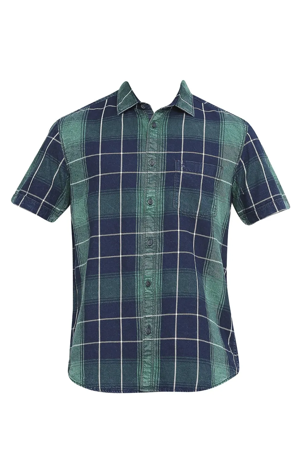 Slim Fit Cotton Indigo Twill Checks Halfsleeves Shirt