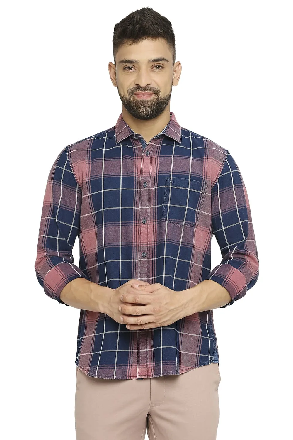 Slim Fit Cotton Indigo Twill Checks Shirt