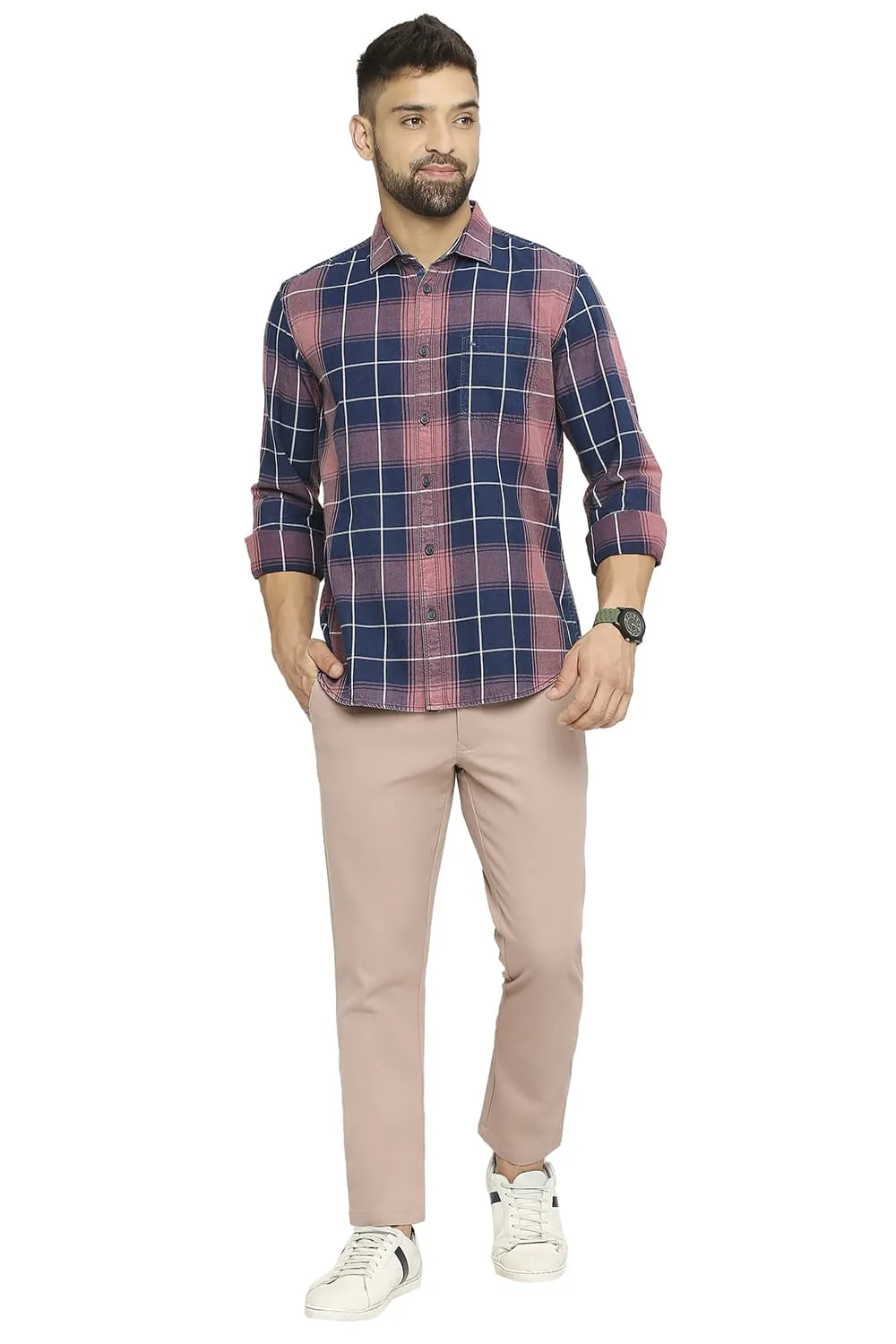 Slim Fit Cotton Indigo Twill Checks Shirt