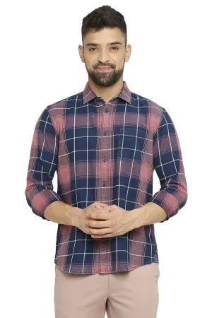 Slim Fit Cotton Indigo Twill Checks Shirt