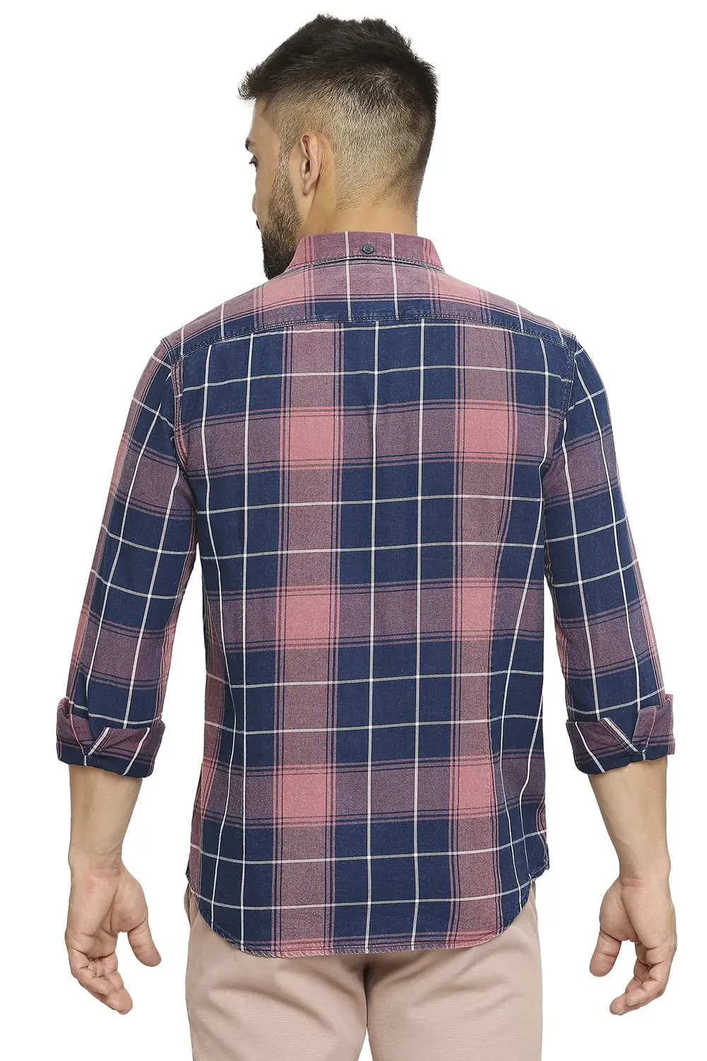 Slim Fit Cotton Indigo Twill Checks Shirt