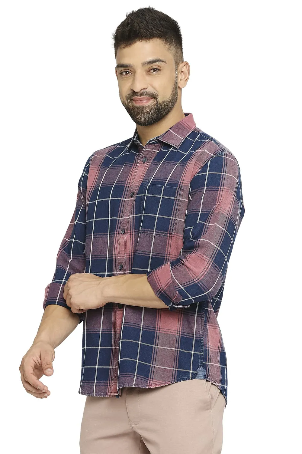 Slim Fit Cotton Indigo Twill Checks Shirt