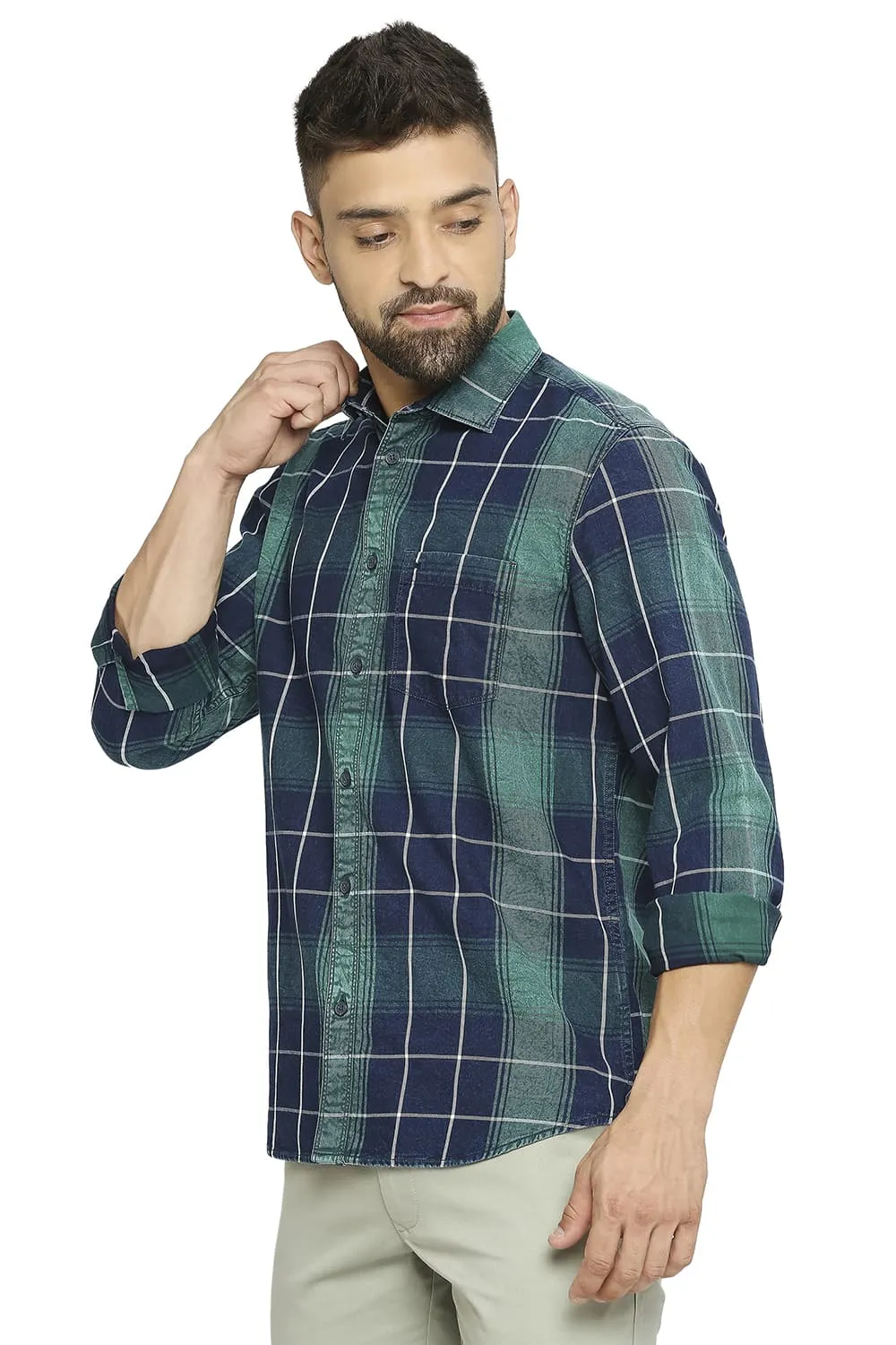 Slim Fit Cotton Indigo Twill Checks Shirt