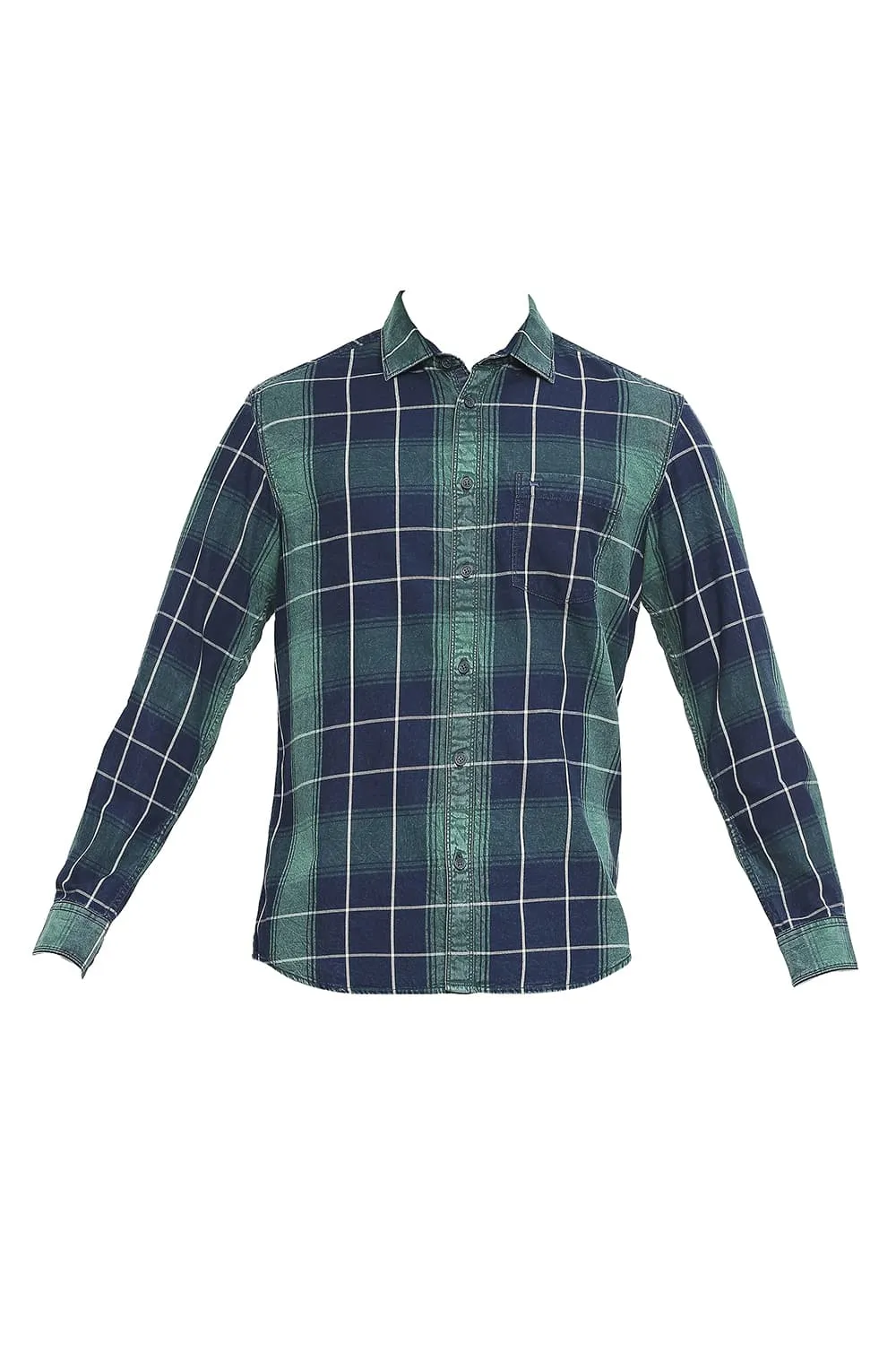 Slim Fit Cotton Indigo Twill Checks Shirt
