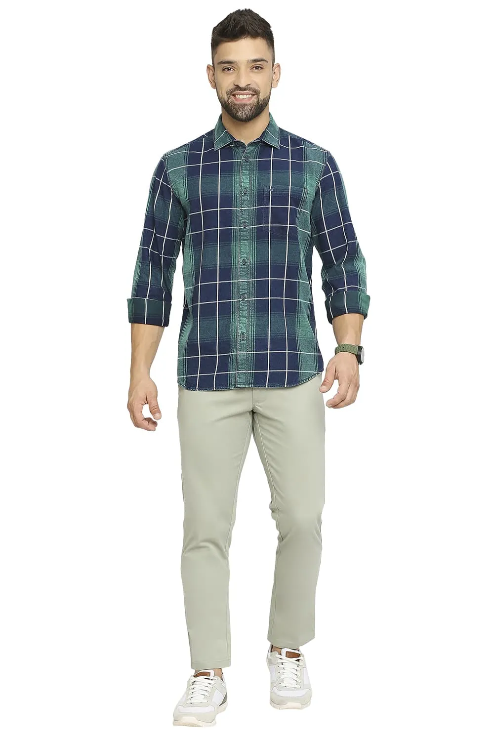Slim Fit Cotton Indigo Twill Checks Shirt