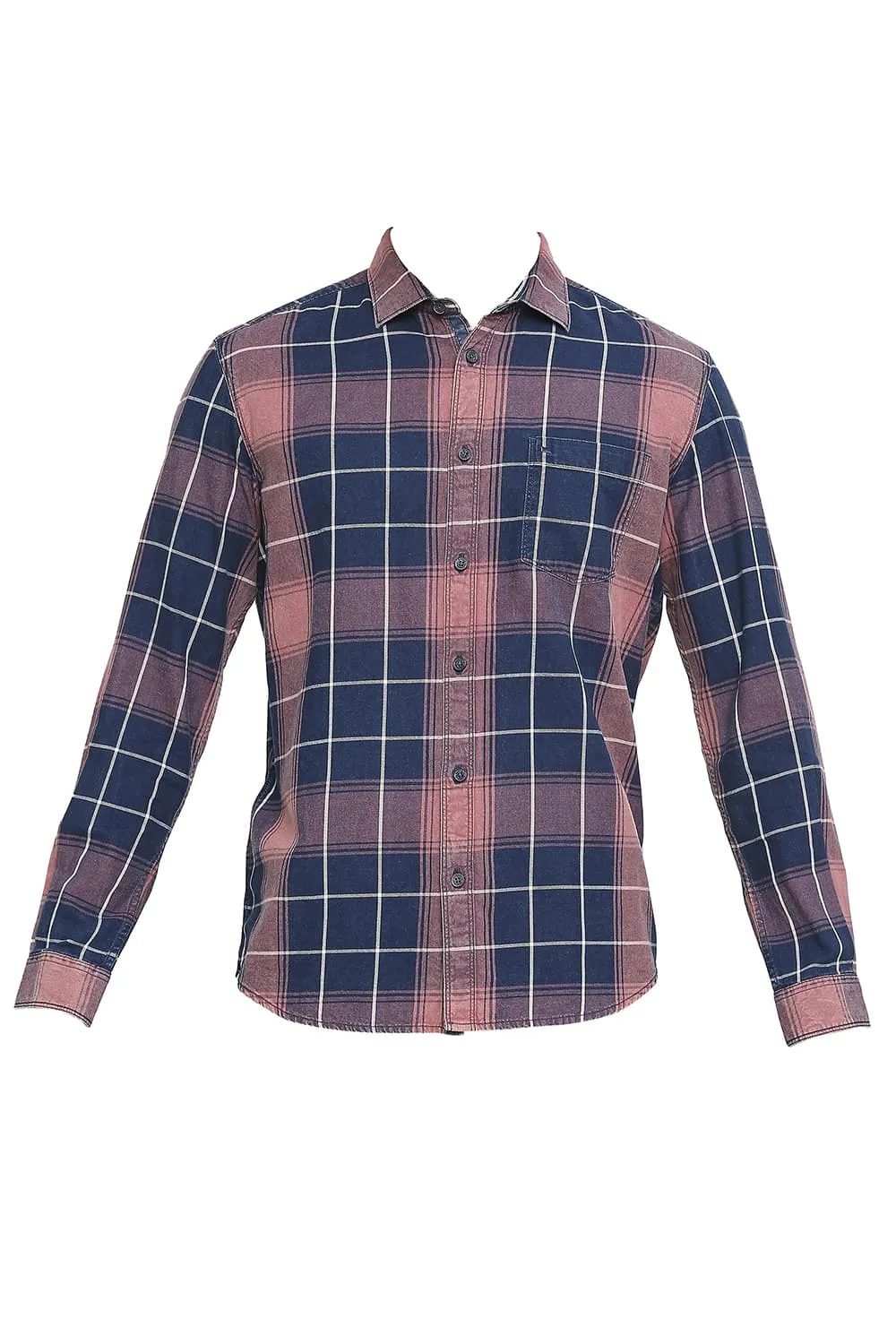 Slim Fit Cotton Indigo Twill Checks Shirt