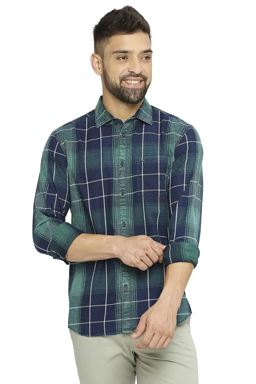 Slim Fit Cotton Indigo Twill Checks Shirt